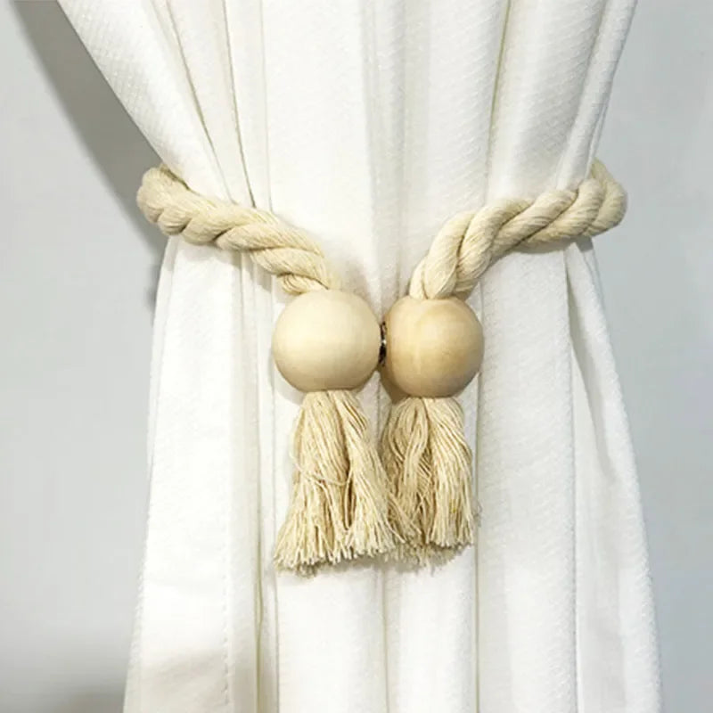 2 Pieces Magnetic Curtain Tie-backs Boho Style Hand-woven Solid Wood Room Accessories Clip Holder Elegant Curtains Home Decor