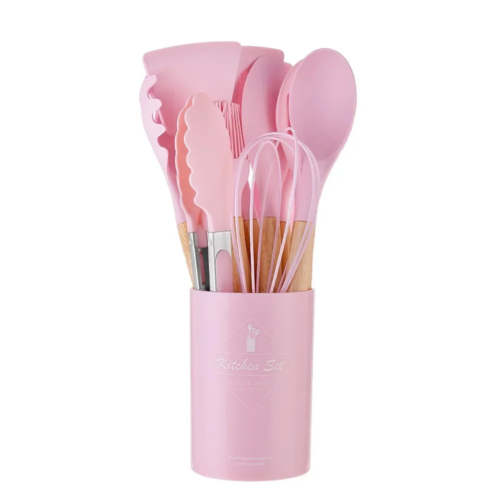 Hemasa 12PCS Silicone  Non-Stick Cookware Kitchen Utensils Set Spatula Shovel Egg Beaters Wooden Handle Cooking Tool Set