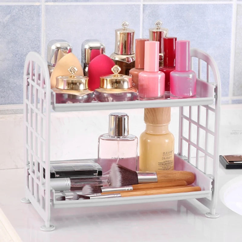 NICEFurniture 2 Tier Hollow Out Plastic Foldable Shelf Countertop Cosmetic Storage Spice Rack Vanity Tray Bathroom Kitchen