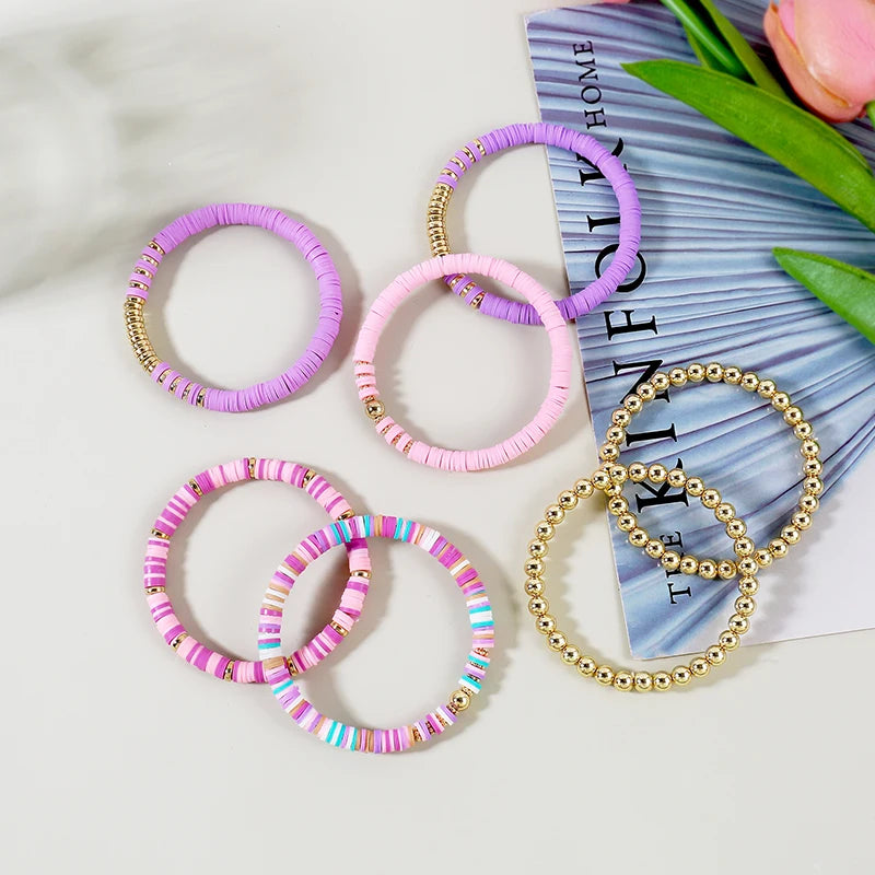 Hemasa 7Pcs/Set Multicolor Polymer Clay Beaded Stretch Bracelet for Women