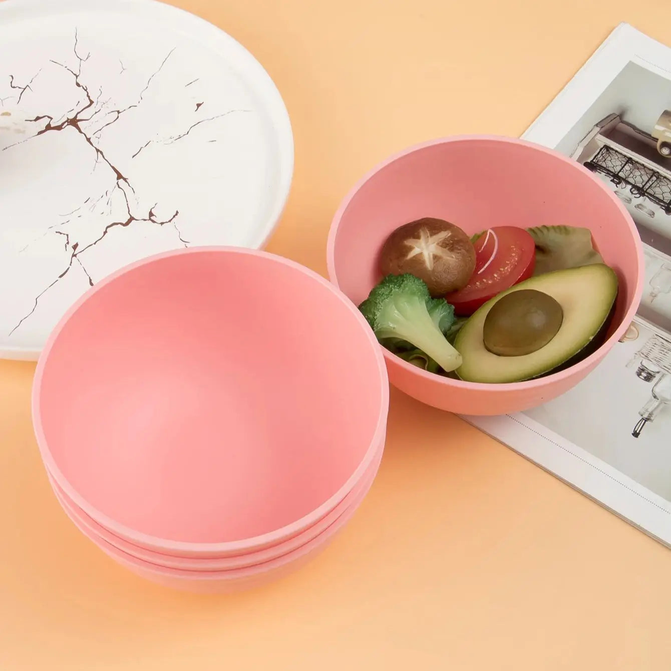 Hemasa 4/6/8pcs Pink food bowl Reusable plastic cutlery for dessert snacks Portable camping food bowls for going out