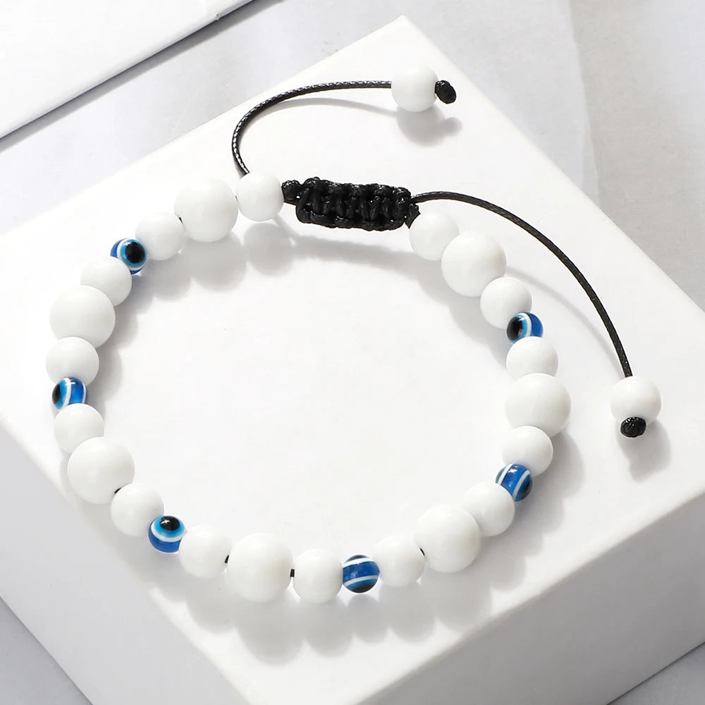 Blue Evil Eye Beaded Bracelets Natural Cat Eye Stone 6 8mm Opal Men Bangles Adjustable Women Bracelet Lucky Yoga Jewelry Gifts