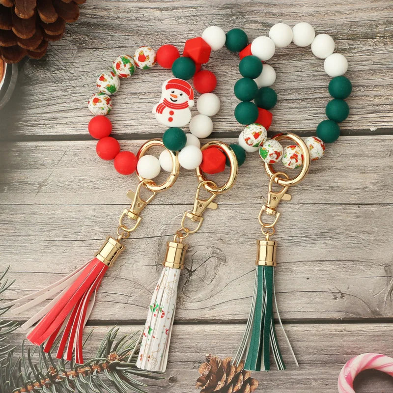 Wooden Bead Key Chain Bracelet Silicone Bead Keyring Strings Ins Popular Cute Multi-color Keyring Pendant Creative Key Ring Gift