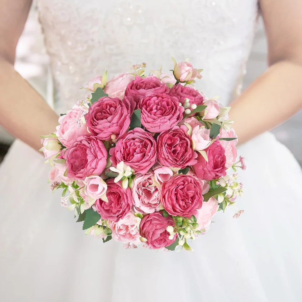 30cm Rose Pink Silk Peony Artificial Flowers Bouquet 5 Big Head and 4 Bud Cheap Fake Flowers for Home Wedding Decoration indoor