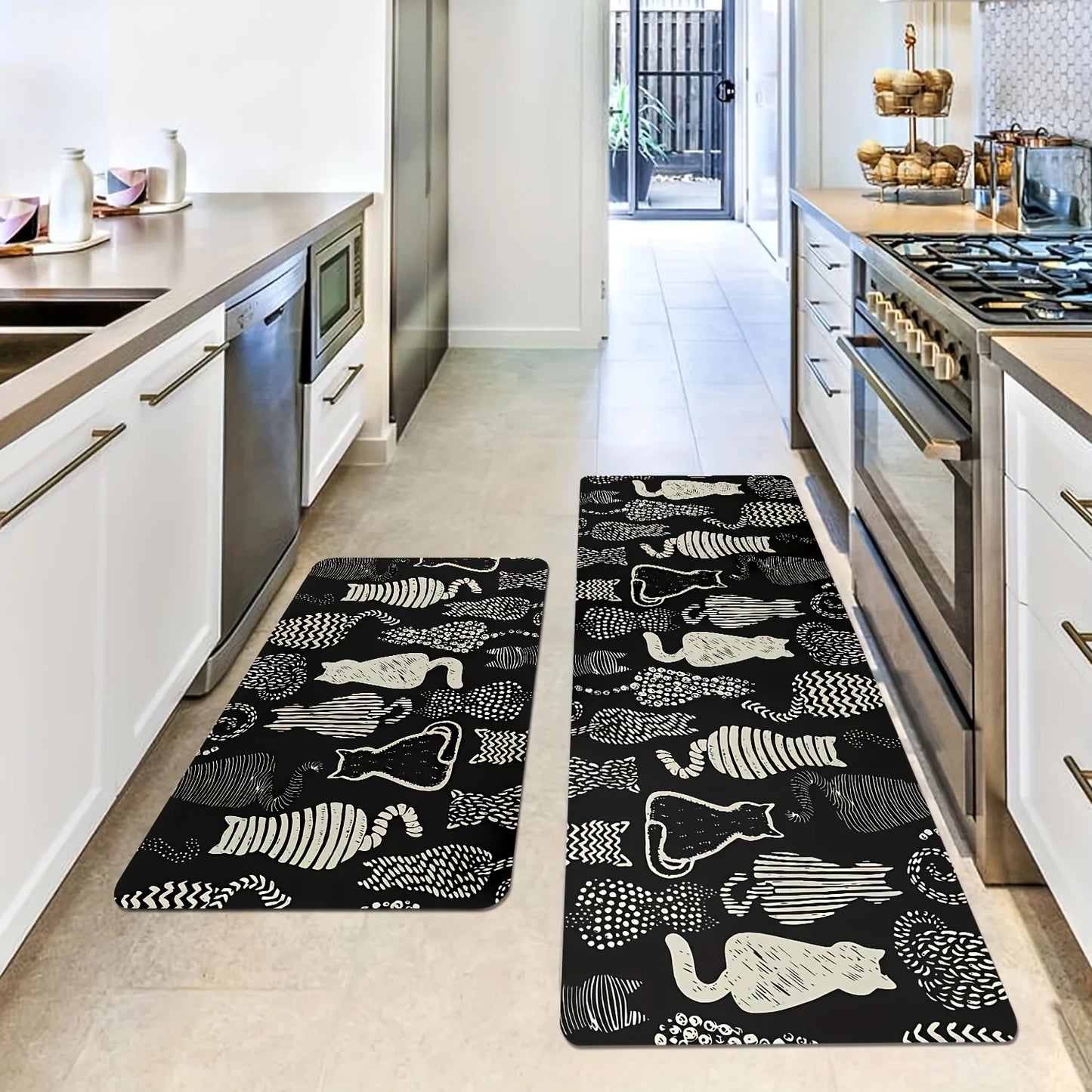 Tejesa Set of 2 Cute Black Cat Kitchen Rugs /Farmhouse Style Non-Slip Washable Floor Mats Home Decor