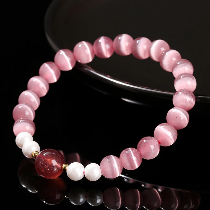 Change Better Natural Fuchsia Cat Eye Stone Strawberry Quartz Lucky Bead Bracelet Women Trendy Simple Strand Bangles Party Gifts