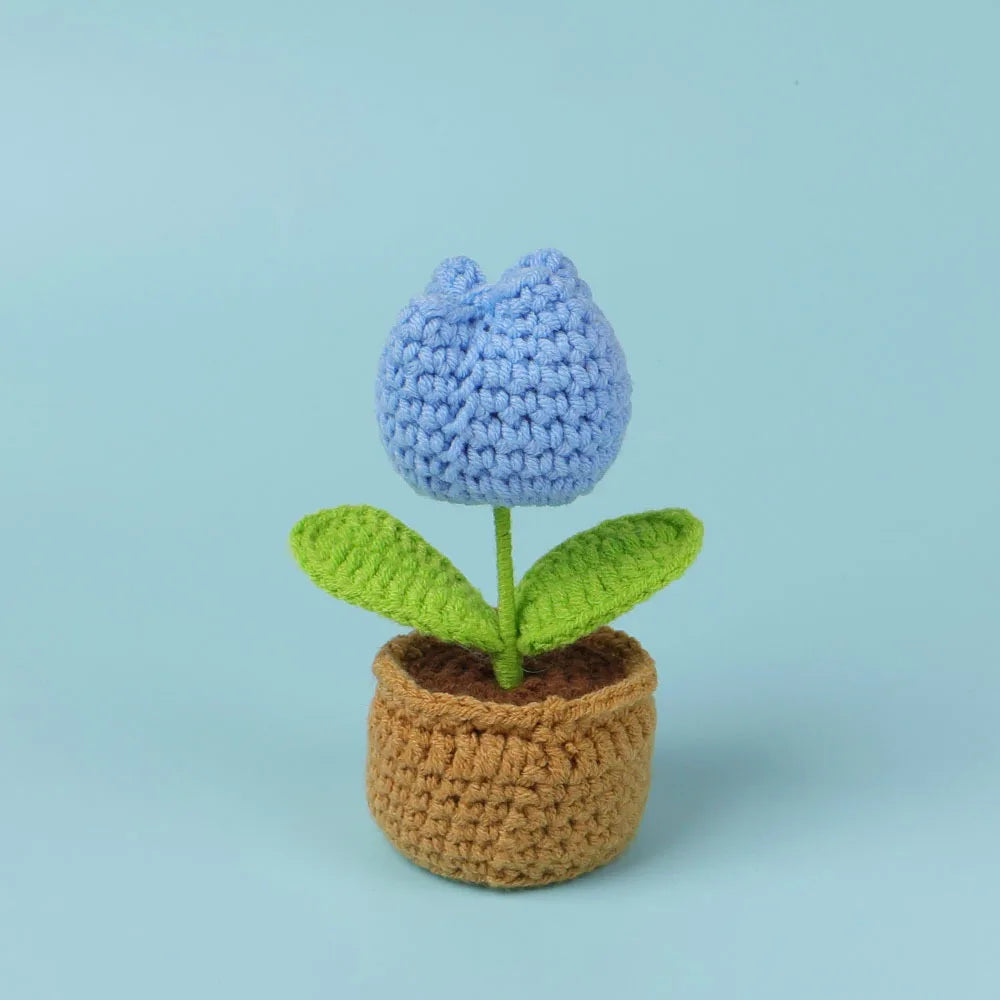 Hemasa Mini Tulips Crochet Flowers Potted Cute Knitting Flowers /Table Car Decor Handmade Artificial Tulips