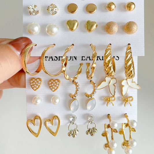 Hemasa 18 Pairs/Set Vintage Geometric Gold Color Hollow Heart Butterfly Drop Earrings for Women /Girls