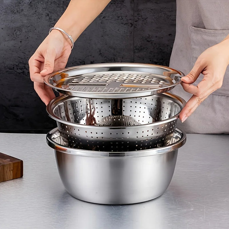 Tejesa 3 in 1  Kitchen Kit with Stainless Steel Multifunctional Mixing Bowl Vegetable Slicer - Suitable for Cleaning and Slicing Fruits