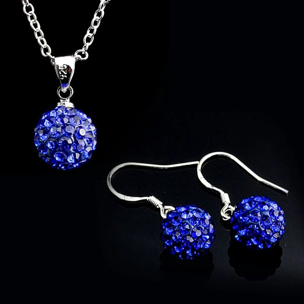 Brand Female Jewelry Set Women's Fashion Ab White Crystal 10mm Ball Drop Earrings Necklace Pendant Set Silver Color Wholesale