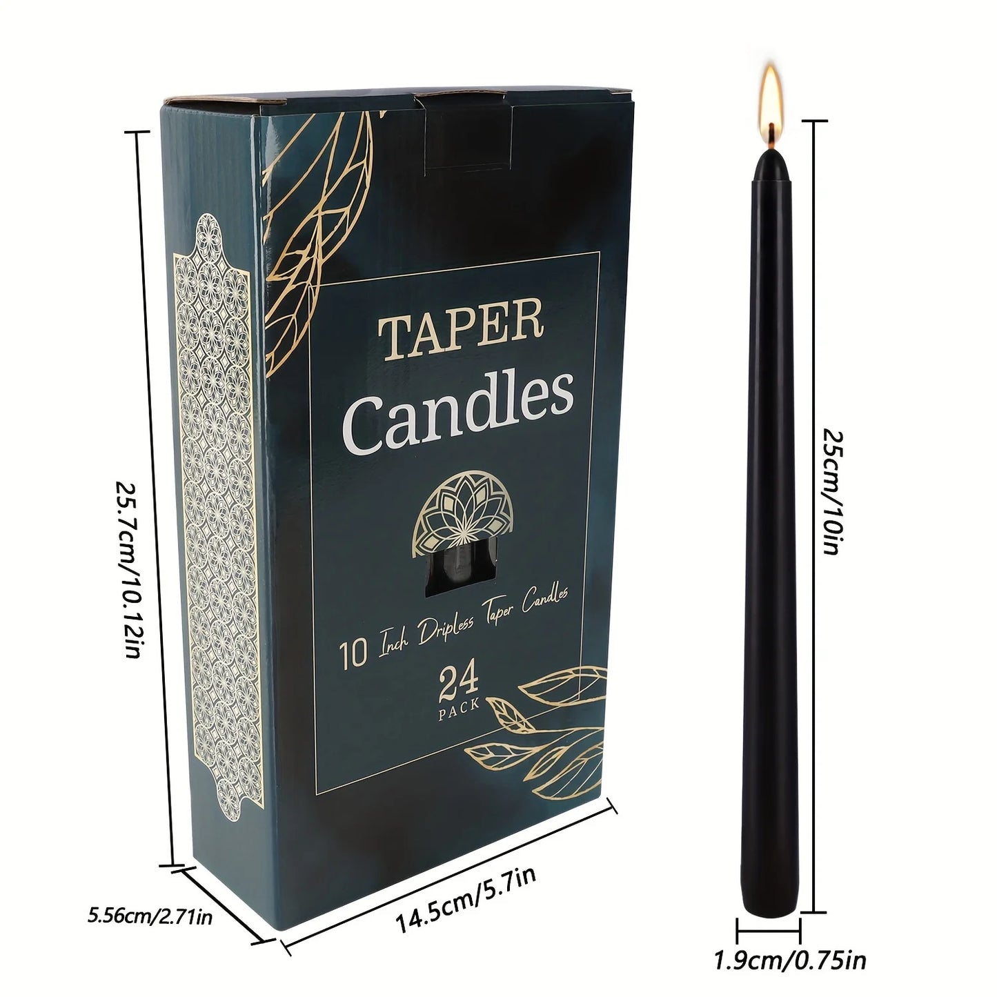 Hemasa 24/14 pieces/set of tasteless 10 inch black conical candle - suitable for dinner, parties, weddings, and home decor -2.2 cm base
