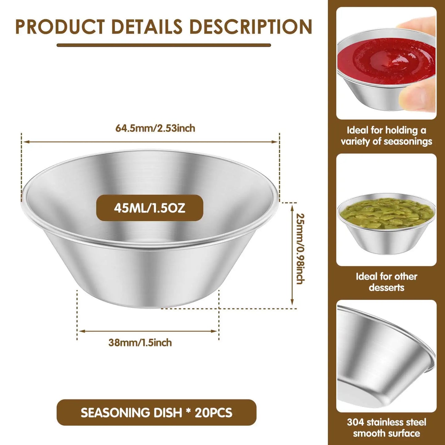 Tejesa 20/12Pcs Sauce Dipping Cup Stainless Steel Condiment Sauce Cup Reusa 1.5oz Mini Sauce Dish Dipping Bowl Salad Dressing Container
