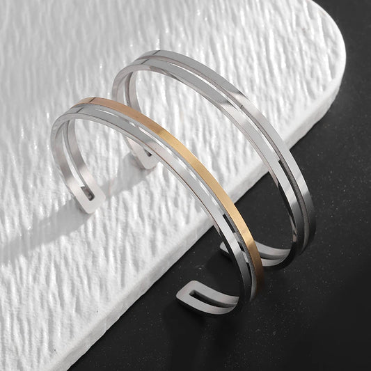 Stainless Steel High-Quality Simple Double-Layer Glossy Open Bracelet Men's and Women's Two-Color Cuff Bracelet Couple Jewelry
