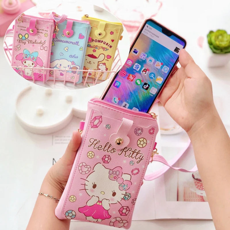 Hello Kitty Coin Pouch Sanrio Bags Melody Kuromi Cinnamoroll Phone Case Pudding Cute Wallet Crossbody Bag Printed Card Holder