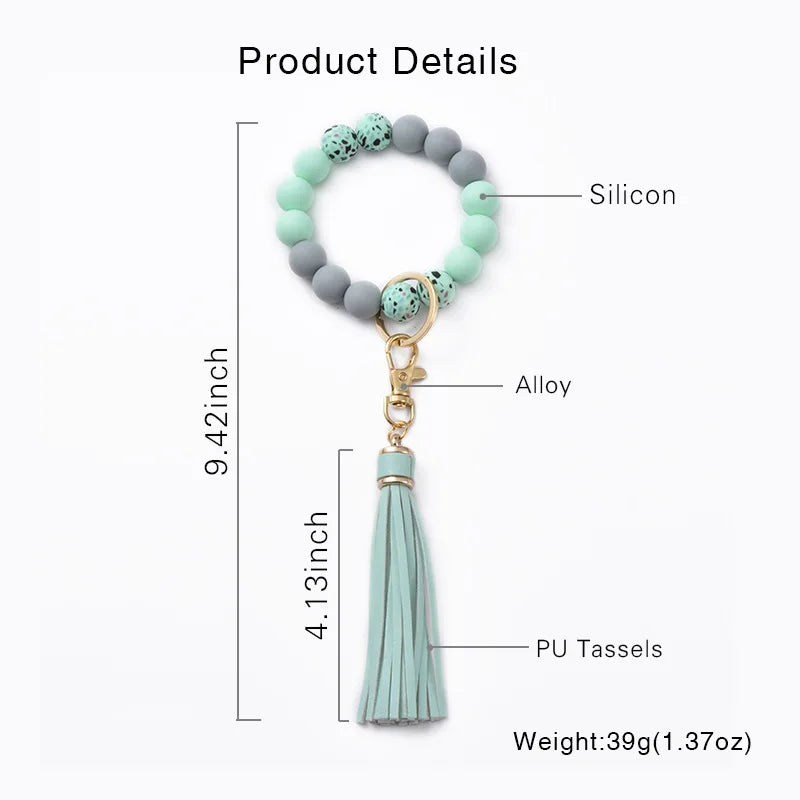Hemasa Key Ring Bracelet Car Keychain Holder Wristlet / Silicone  Beaded Bangle Chains With  Leather Tassel