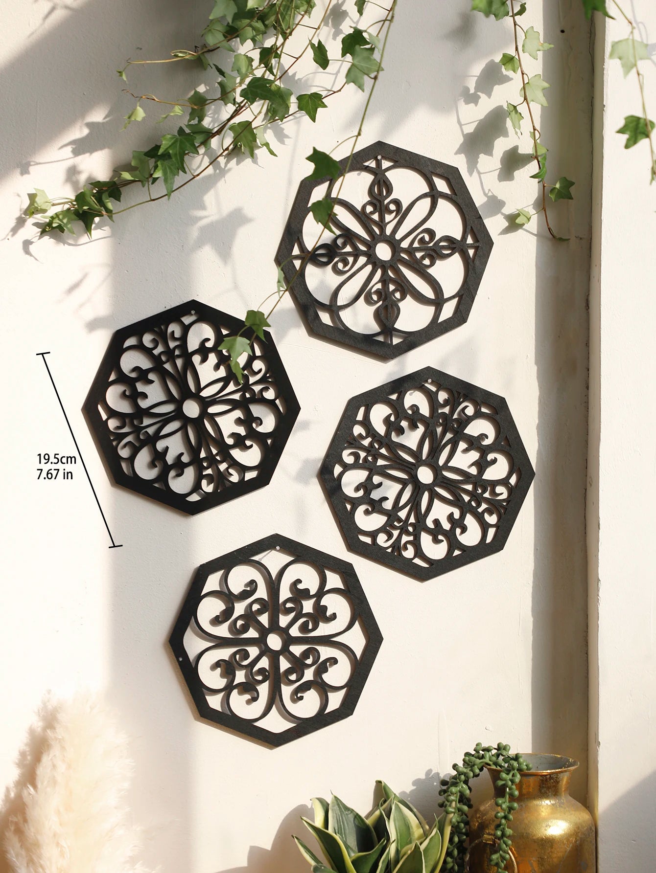 Tejesa 4Pcs Black Wooden Hollow Wall Decor /Boho Home Decoration Hexagon Square Hanging Wall Decor