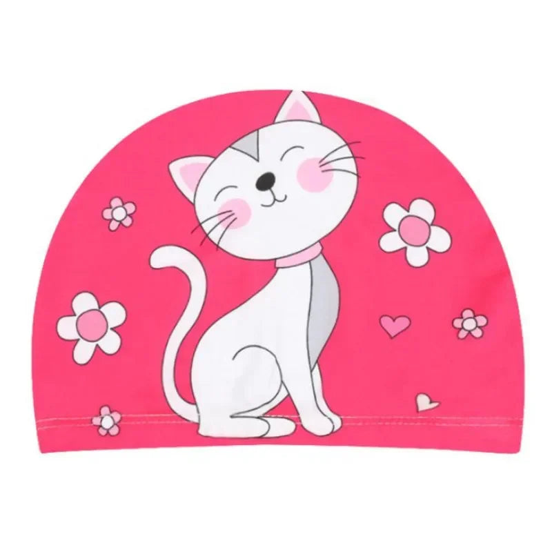 Hemasa Swimming Cap for Children Elastic Fabric Cute Cartoon for Long Hair Lovely Kids Protect Ears Swim Pool Hat for Boys Girls Swim