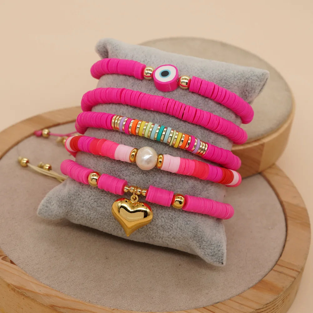 Tejesa Bohemian Freshwater Pearl  Gold Plated  Polymer Clay Bead Bracelet Set