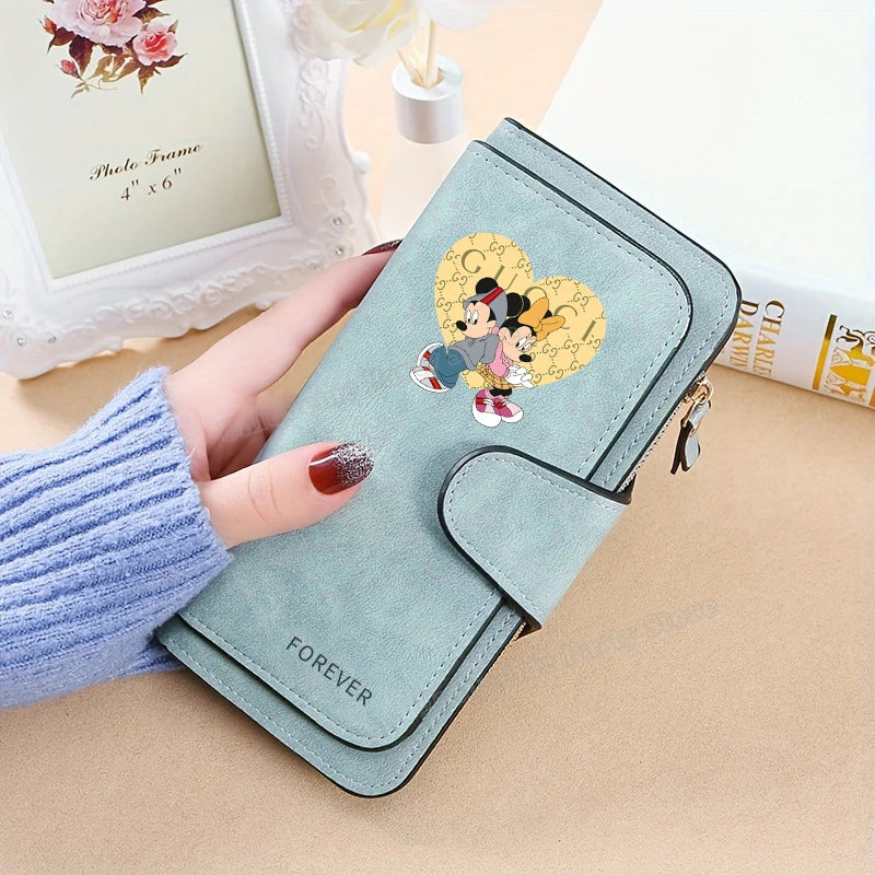 Mickey Minnie Mouse Pu Leather Wallet Women Zipper Frosted Coin Purse Ladies Credit ID Card Holder Disney Versatile Long Wallet
