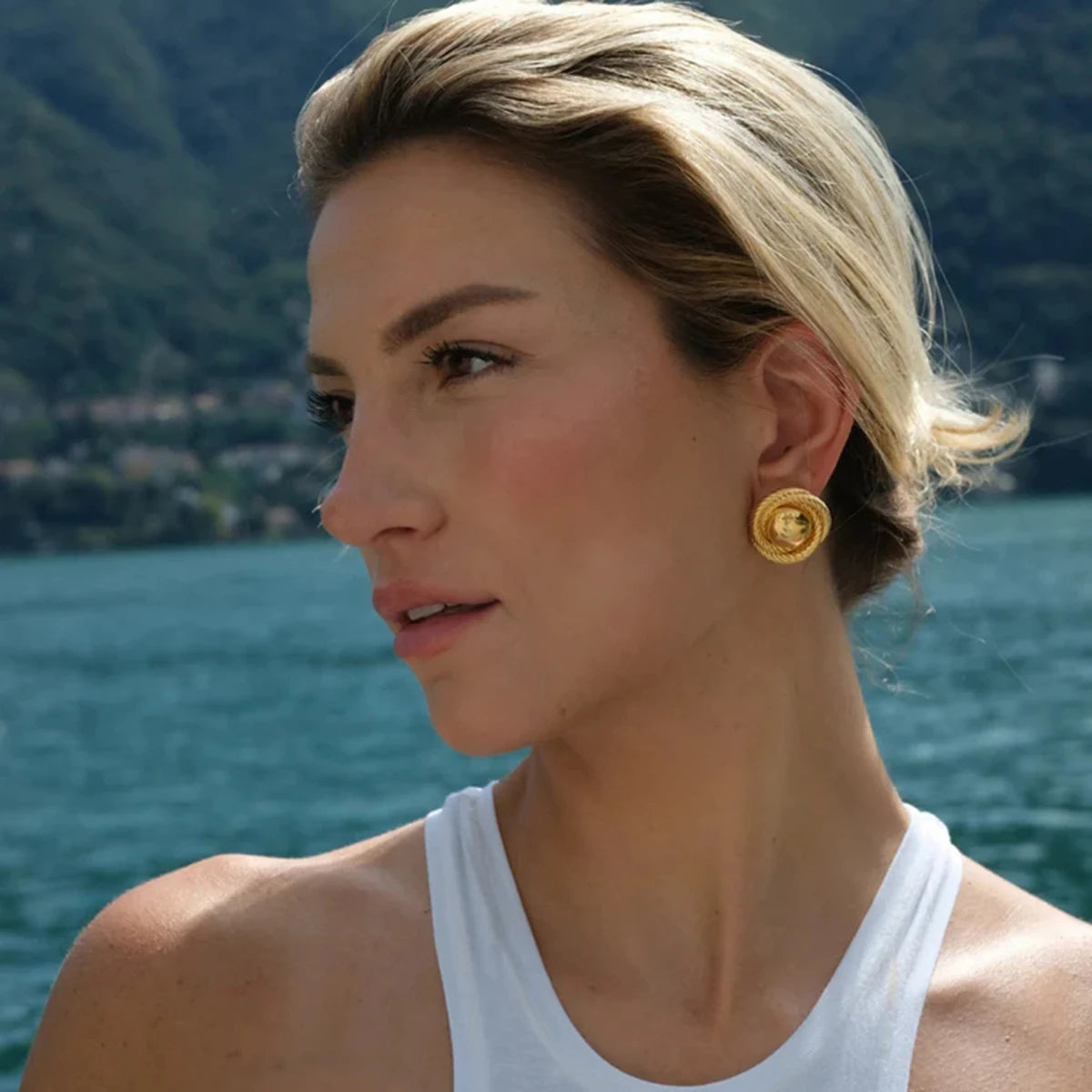 Hemasa 18k Gold Color Stainless Steel Thread Texture Tound Earrings