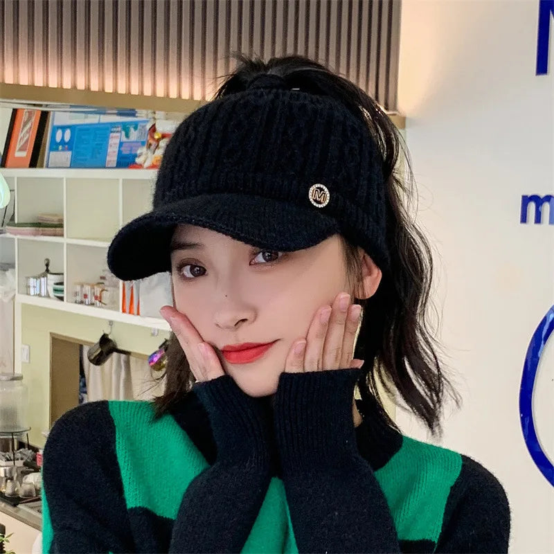 Women's autumn and winter empty top hat knitted rabbit fur and plush thickened warm ear protection duck tongue baseball cap