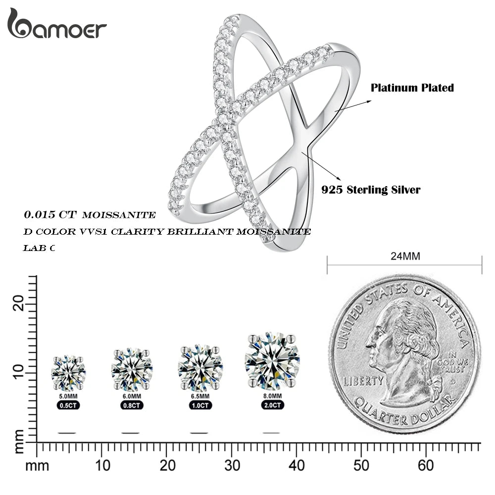 BAMOER Moissanite Criss Cross Wedding Band for Women, D Color VVS1 Moissanite Stackable X Promise Ring Wedding Fine Jewelry