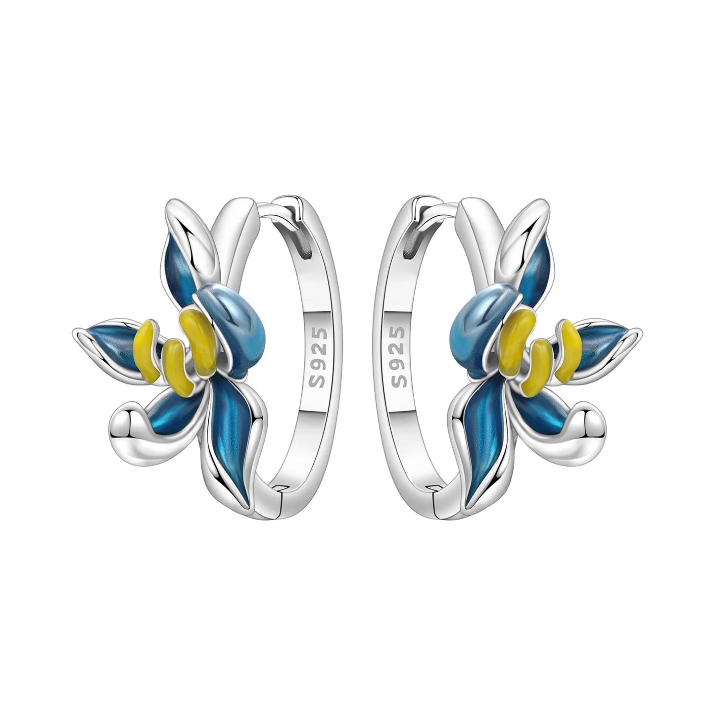 Orstarry S925 Sterling Silver Earrings Exquisite Blue Horseshoe Lotus Orchid Iris Flower Earrings For Women Birthday Gift