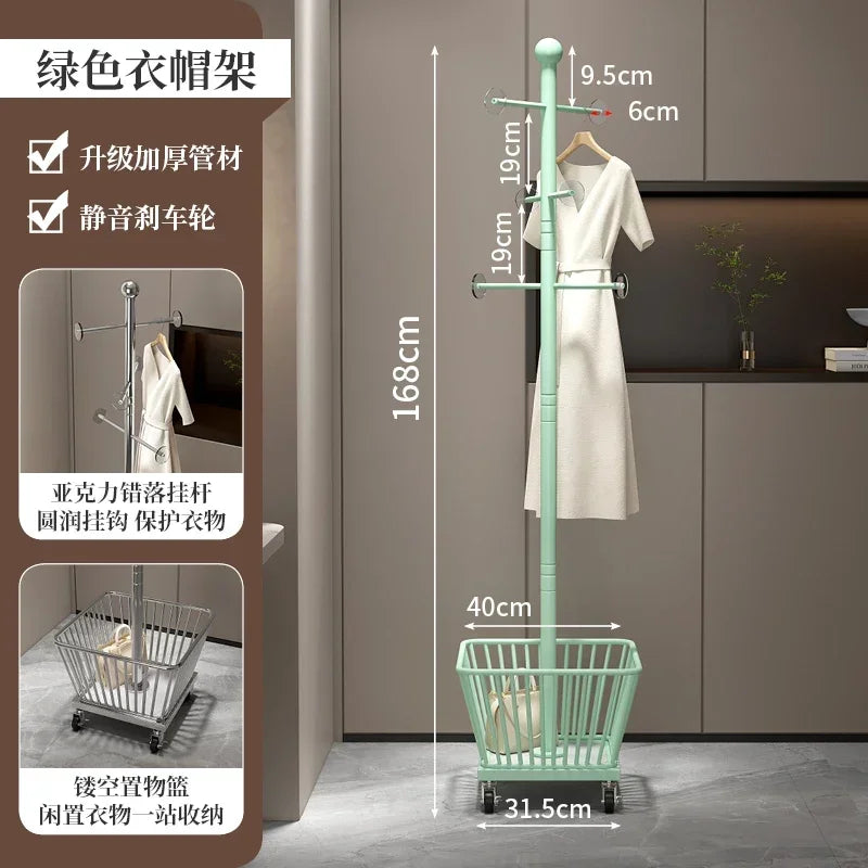 Standing Coat Rack with Basket, Entryway Coat Hanger Stand, Mobile Clothes Storage Rack with Wheels, Hallway