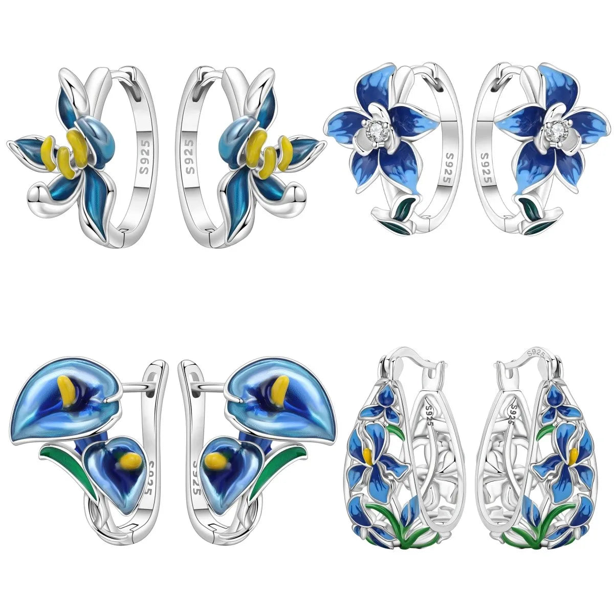 Orstarry S925 Sterling Silver Earrings Exquisite Blue Horseshoe Lotus Orchid Iris Flower Earrings For Women Birthday Gift