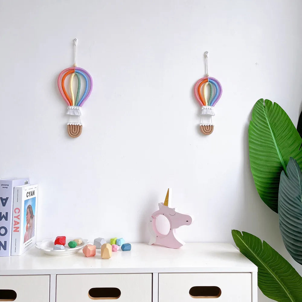 Hemasa  Hot Air Balloon Wall Hanging / Macrame Rianbow Tapestry / Kids Room Decoration