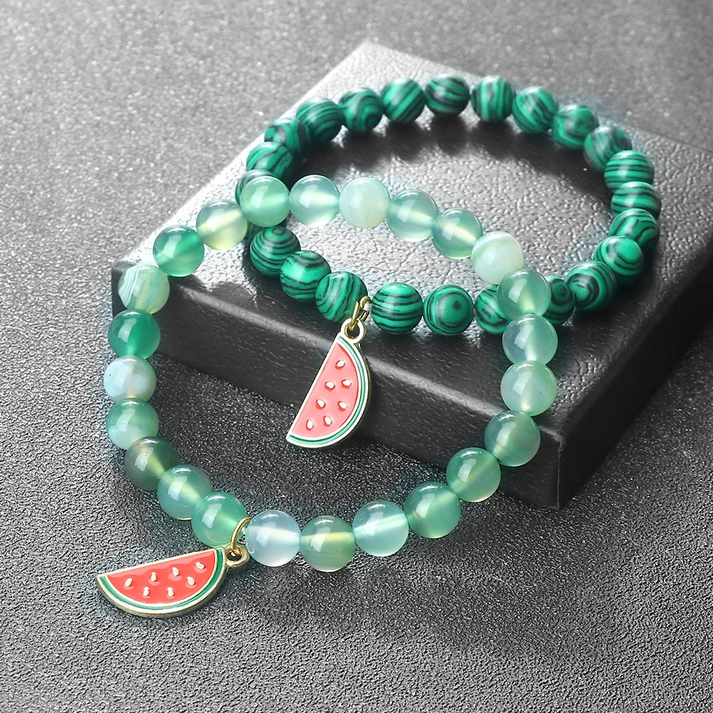 Trendy Watermelon Couple Beaded Bracelet Natural 8mm Lava Stone Agate Fruit Bangle For Women Men Healing Elastic Pulsera Jewelry