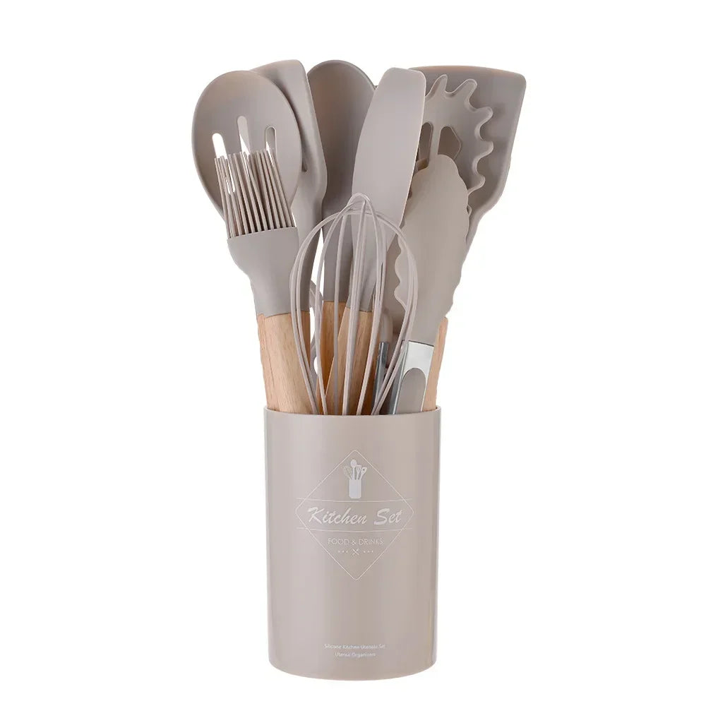 Hemasa 12PCS Silicone  Non-Stick Cookware Kitchen Utensils Set Spatula Shovel Egg Beaters Wooden Handle Cooking Tool Set