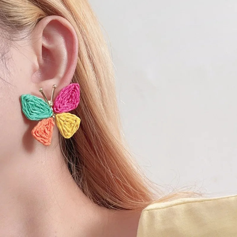 Hemasa Minar Bohemian Multicolor Rattan Knit Raffia Butterfly Wings Dangle Earrings for Women