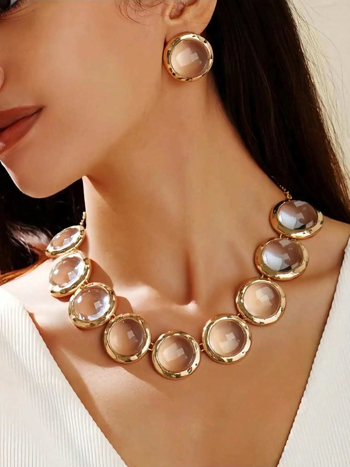 Geometric Acrylic Embedded Metal Style Necklace And Earring Set Transparent round Shapes Jewelry Kit