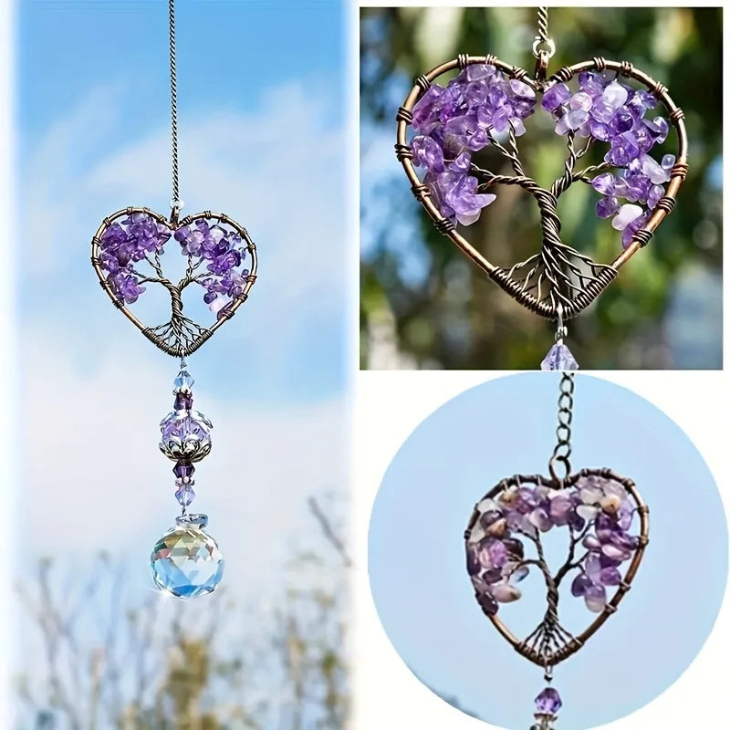 Tejesa  Rainbow Crystal Sun Catcher/Tree Of Life Suncatchers Heart Shaped Hanging Ornament Chakra Stones Window Crystal Ball Prism