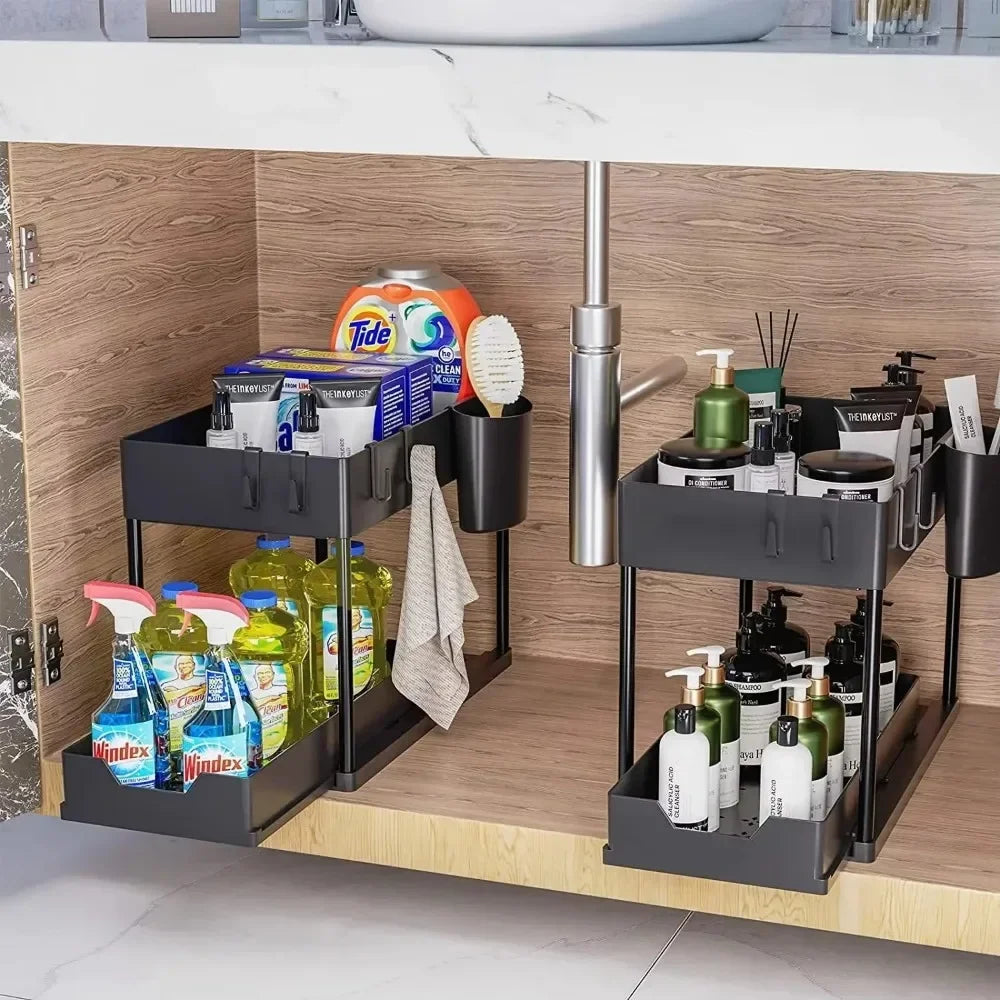 Hemasa 2 Floors Lower Sink Organizer Sliding Cabinet Basket Organizer Storage Shelf Hanger Hanging Cup Bathroom Kitchen Organizer
