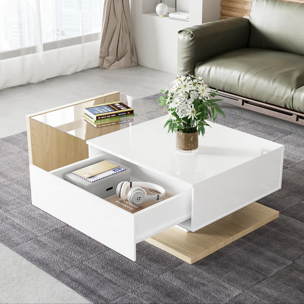 Coffee Tables With Glass And LED Living Room Coffee Table In High Gloss White And Wood Color Combination. Side Tables