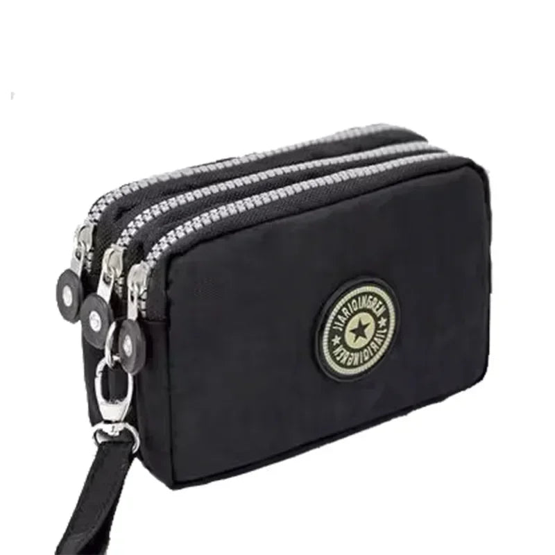 Women Three-layer Long Zipper Coin Money Pocket Purse Women's Handbag Wrist Mobile Phone Card Key Coin Bag Wallet Washable Cloth