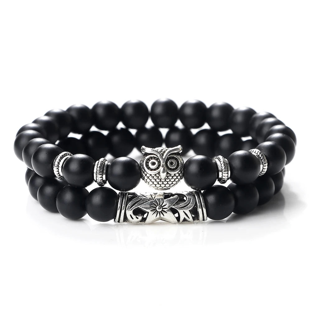 Heamsa Natural Stone Beads Bracelet / Owl Beaded Black Lava Onyx Beads Charm Bracelets