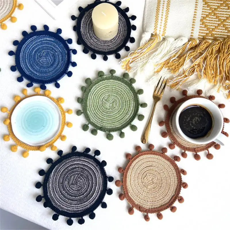 Hemasa Set of 4pcs Cotton Woven Rattan Heat-Resistant Tablemats with pom poms, Available in 7 colours