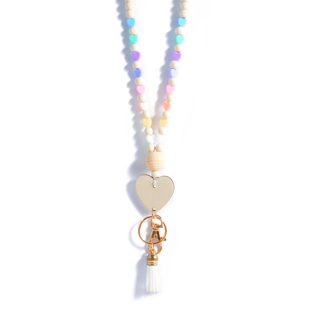 Hemasa  Wooden Beads Acrylic Hearts Teacher Badge ID Holde/r Lanyard