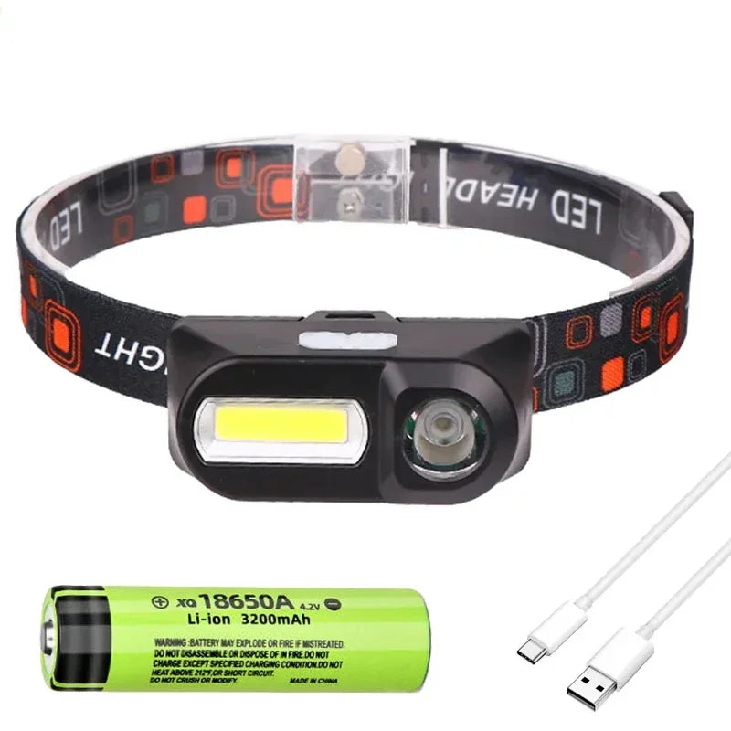 Hemasa Super Bright Mini LED Headlamp USB Rechargeable 18650 Battery Headlight Dual Light Source Outdoor Camping Hunting Head Lamp