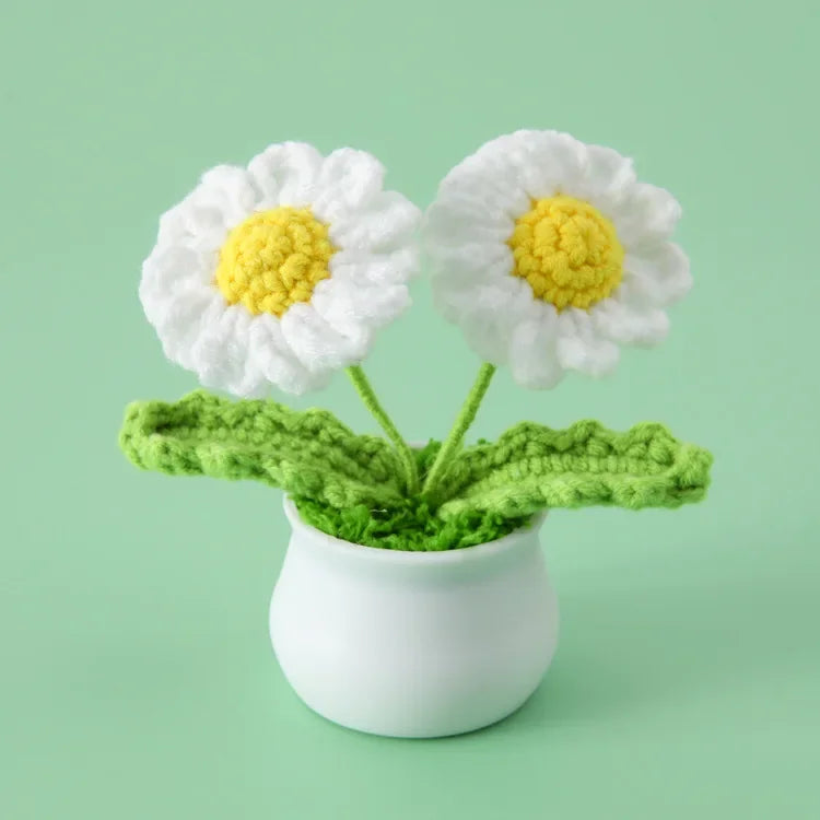 Hemasa Crochet Sunflowers Pot Creative Knitted Flowers Artificial Flower Hand Woven Finished Plant Car Desktop Decor Gift