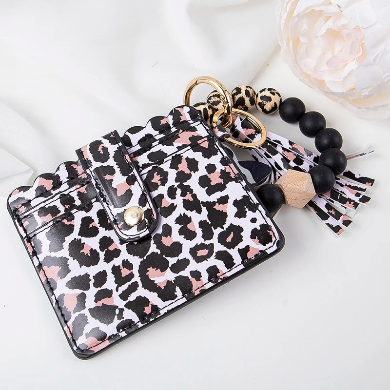 Hemasa  Silicone Beaded Bracelets Key Rings Leopard Print Card Holder Wallets Leather Tassel Keychains for Women Jewelry Gifts