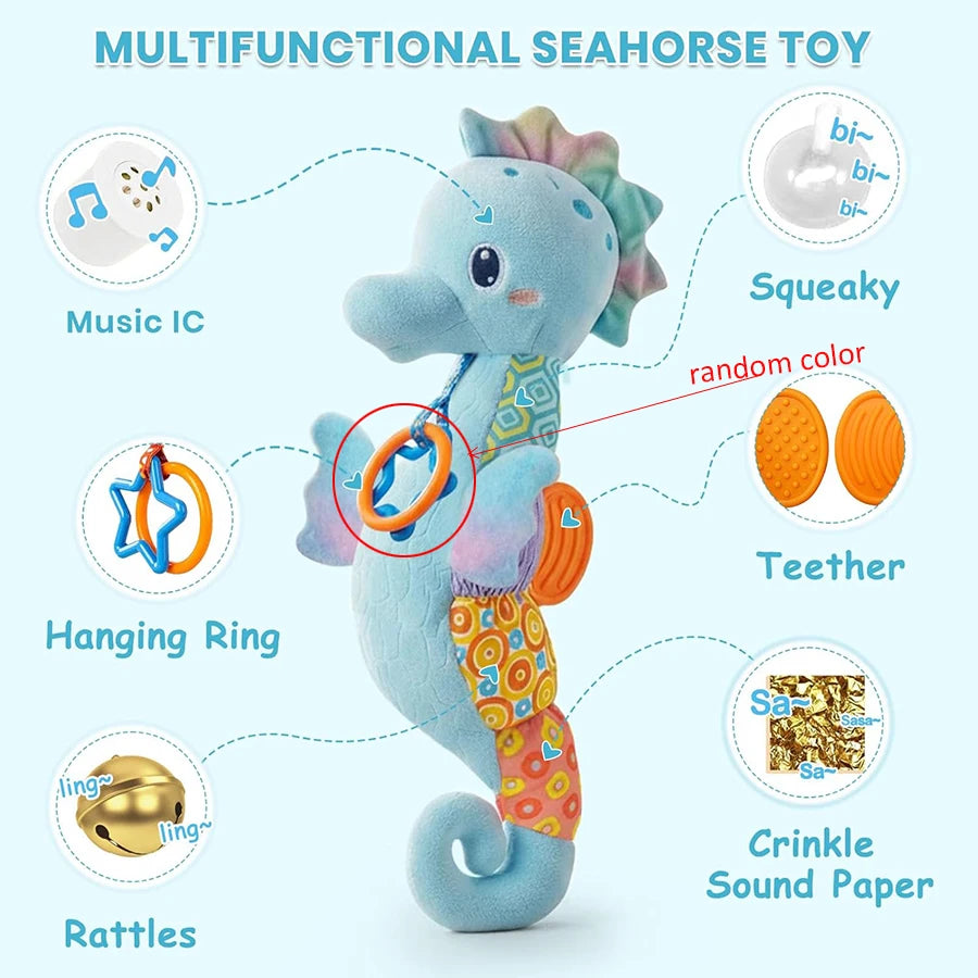 Tejesa Baby Toys 0-6 Months Infant Musical Seahorse Stuffed Animal Plush Toy with Rattle Soft Newborn Toy for 0 6 9 12 Months Baby Boys