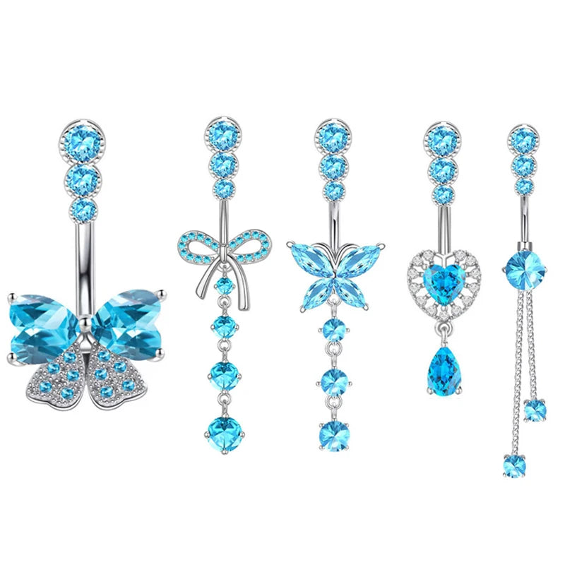 Blue Crystal Zircon Belly Button Rings Dangle Heart Butterfly Navel Piercing Stainless Steel Belly Bar Body Piercing Jewelry