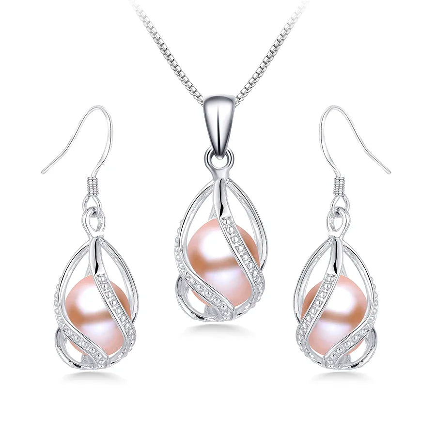 YWYC 8-9mm Natural Freshwater Pearl In Cage Pendant Necklace Drop Earrings & Pendant Jewelry Set for Women