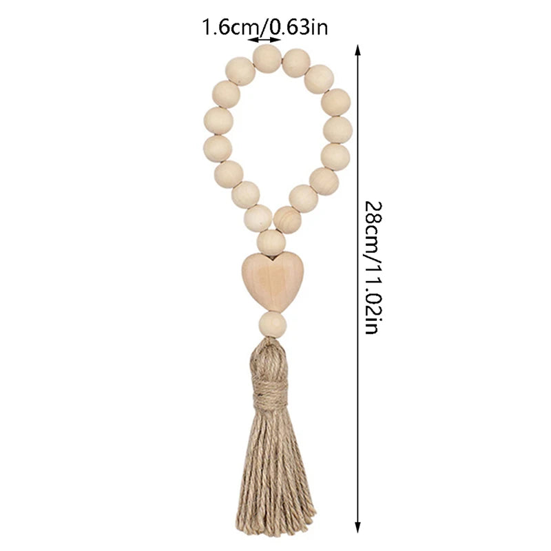 1Pc Log Color Wood Bead Garland Rustic Wall Hanging Hemp Rope Tassel Beaded with Heart Knot Woven Pendant Home Decoration