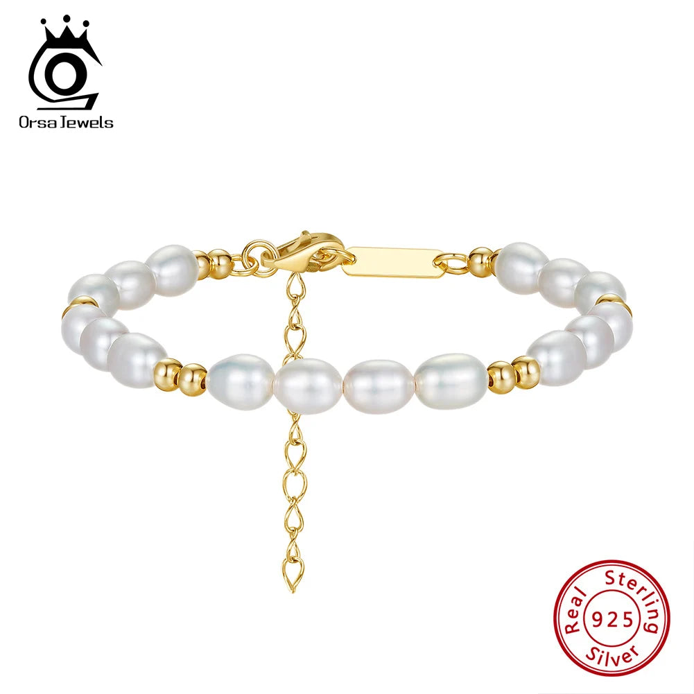 ORSA JEWELS Elegant 14K Gold Beads Bracelet 925 Sterling Silver Freshwater Pearl Chain Bracelets for Women Party Jewelry GPB36