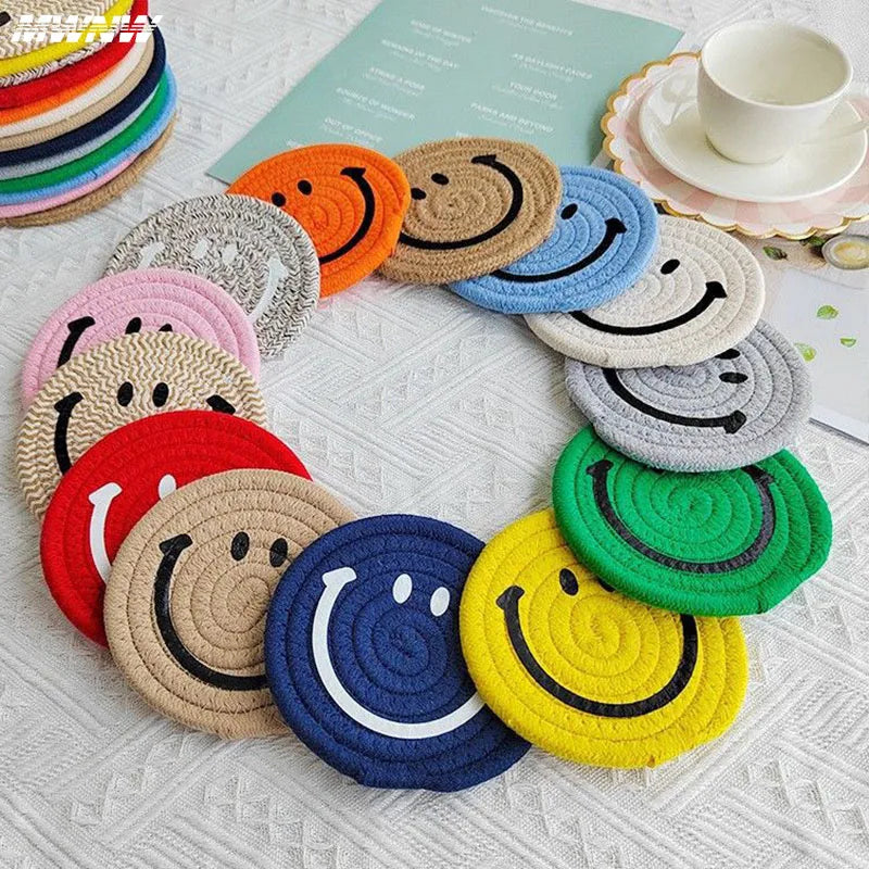 Hemasa Smiling Face Round Mat Woven Placemats Anti Slip Dining Table /Cup Coasters(Set of 6)